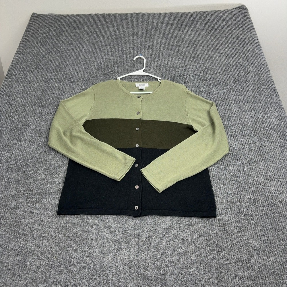 Jennifer Moore Cardigan Sweater‎ Womens M Green Cotton Blend Colorblock Casual